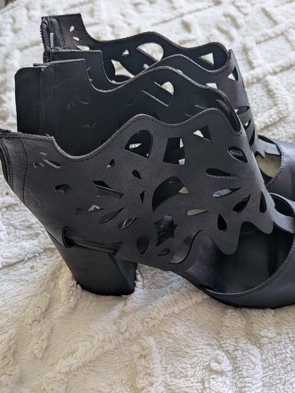 Bellini Black Laser-Cut Peep-Toe Block Heel Sandals